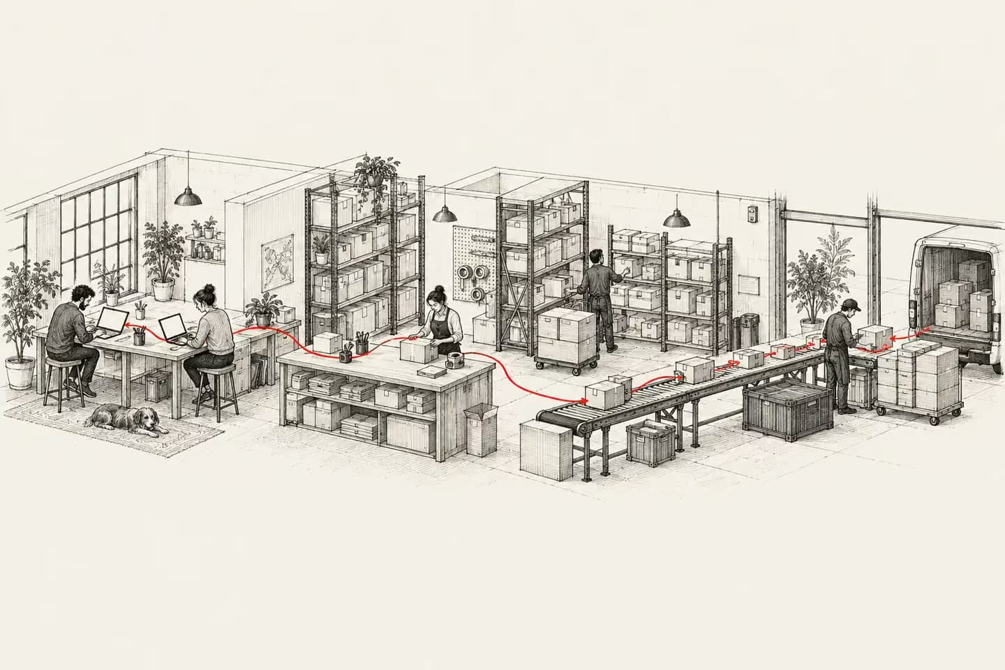 Engineers and operators inside a connected fulfillment business, joined by a red thread