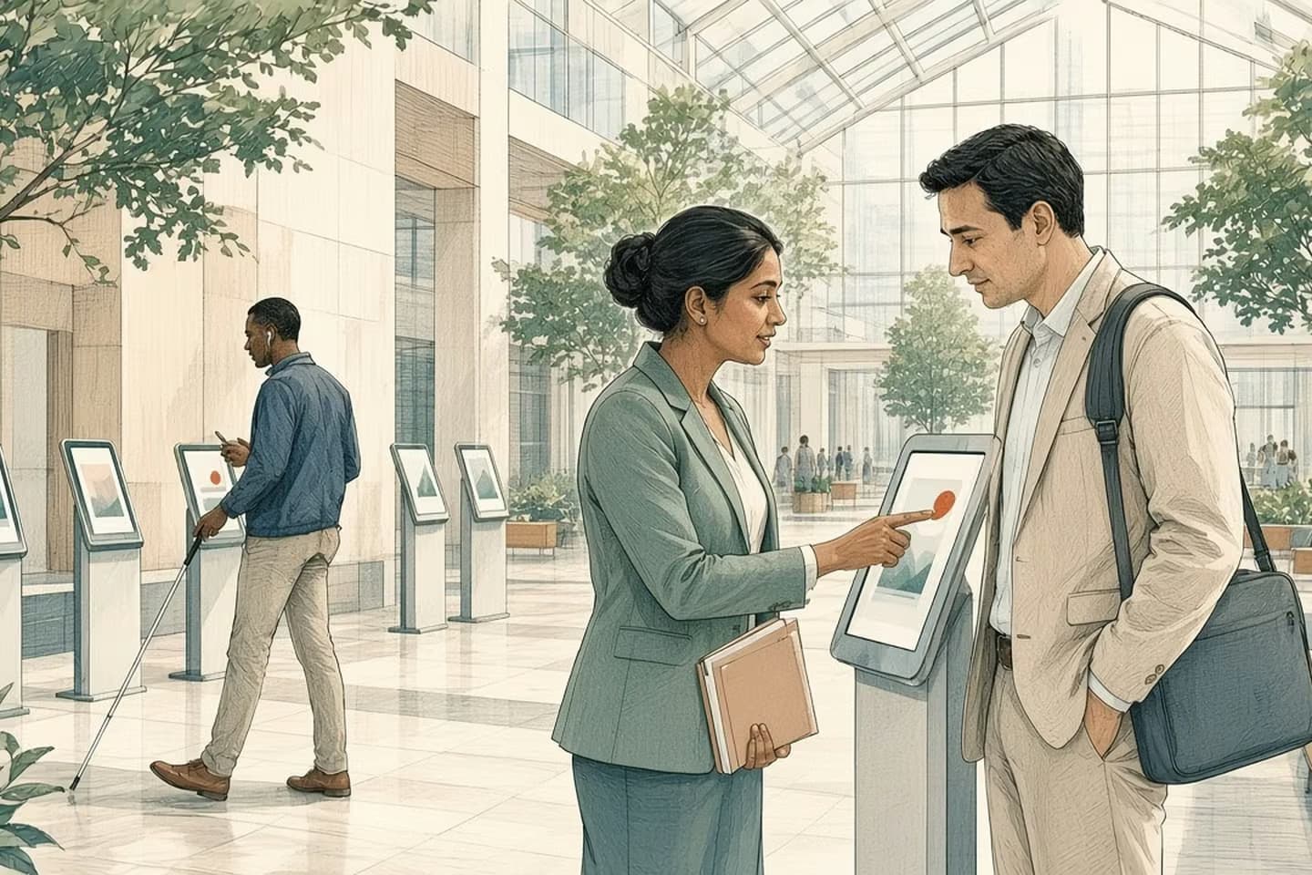 Editorial engraving of a bright city hall atrium where an accessibility coordinator taps one of five kiosks to show a vendor's project manager, as a resident with a white cane crosses behind them.
