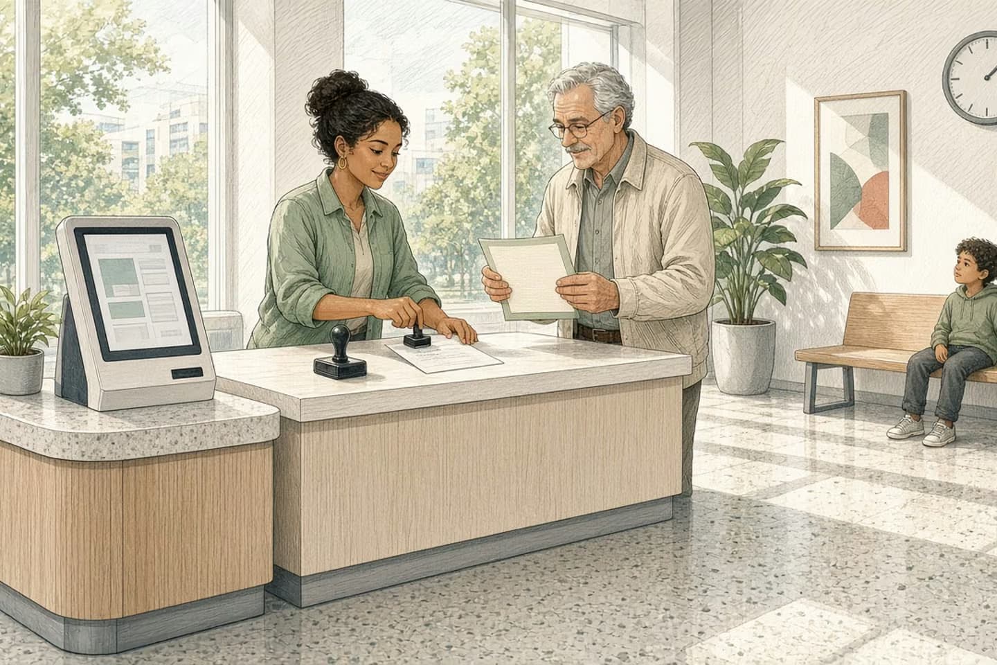 Editorial engraving of a sunlit municipal intake counter where a clerk stamps a blank received slip for a contractor holding an acknowledgment.