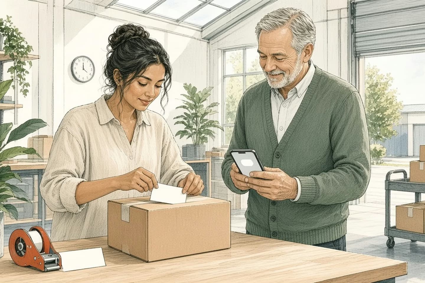 Editorial engraving of a skylit packing bench where a packer relabels a sealed carton while a support lead holds up a phone message beside her.