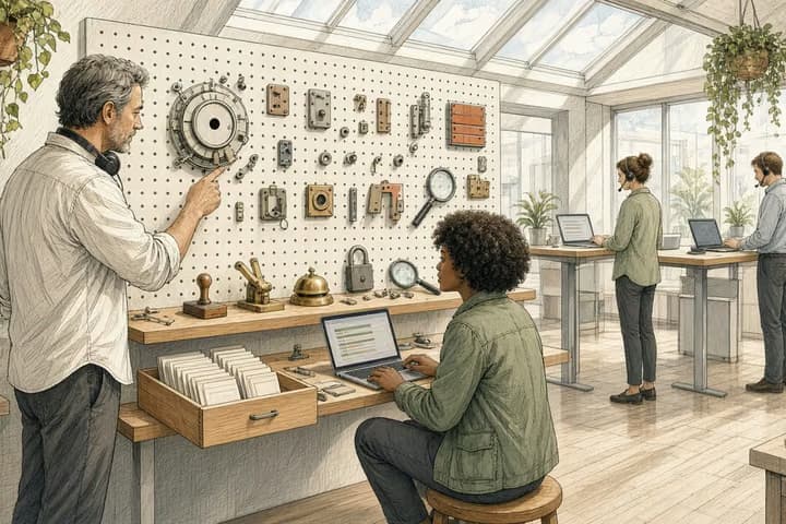 Editorial engraving of a bright support office where a physical control panel has been taken apart and laid out on a pegboard, with a man in a headset pointing at a search dial and a young engineer sorting the parts with a laptop on her knee.