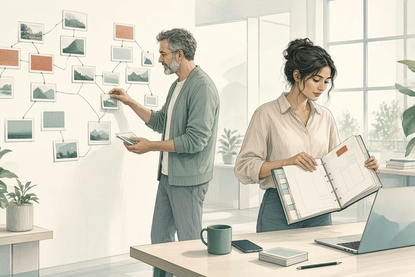 In a bright open office, a grey-bearded man unpins small cards from a sprawling branching chart on the wall while a woman at a light wood table holds open one thick tabbed binder beside a laptop, a mug, a phone and a stack of cards.