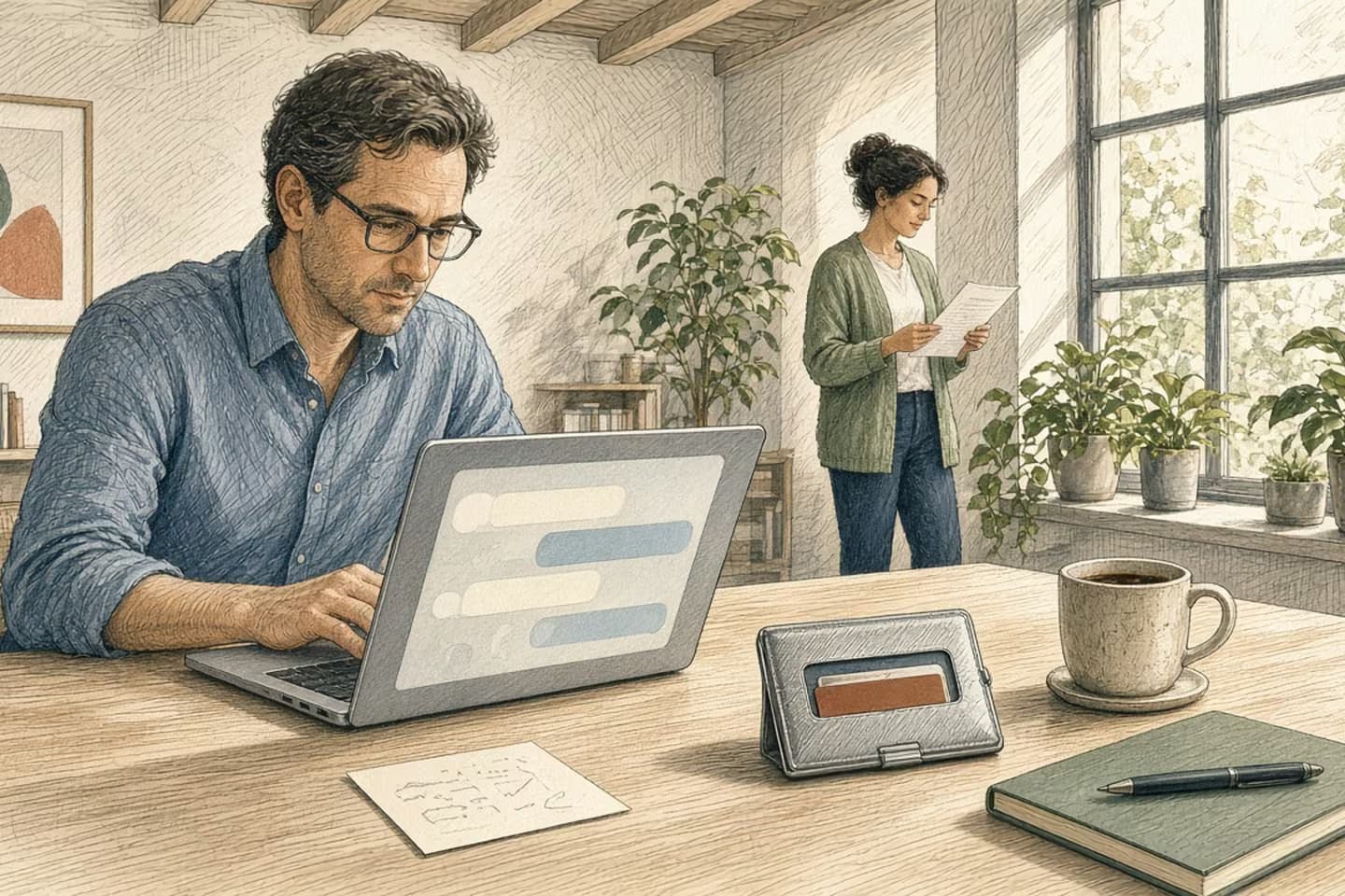 In a bright skylit loft, a man at a laptop of soft chat bubbles sits beside a blank slip of abstract marks, while a payment card stays latched in a small separate case and a colleague reviews a short paper list by the window.