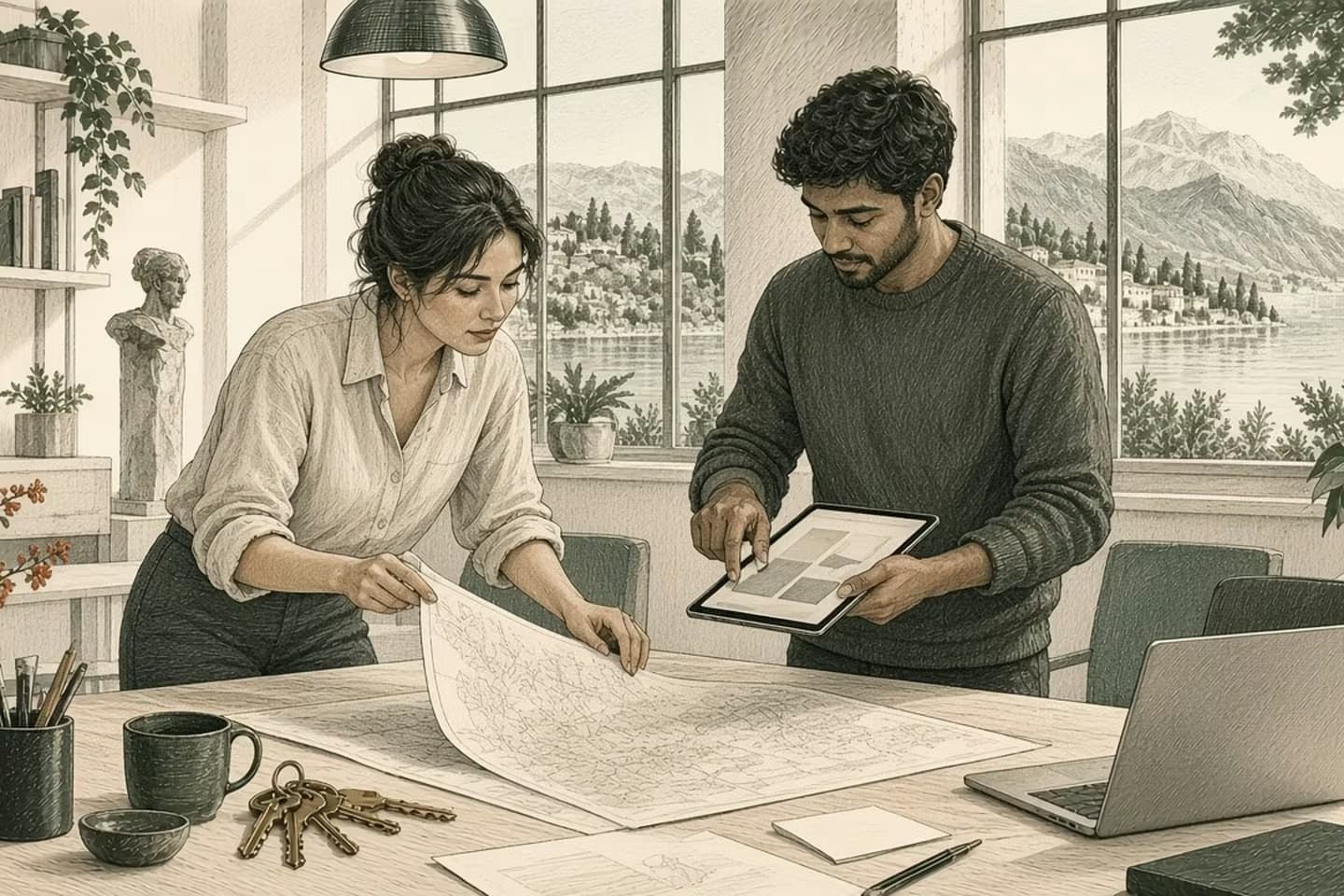 Two colleagues in a sunlit studio lean over a hand-drawn map of a business's web systems. The main storefront sits bold at the center while one of them lifts the map's edge to uncover a small forgotten piece, with a ring of old keys nearby.