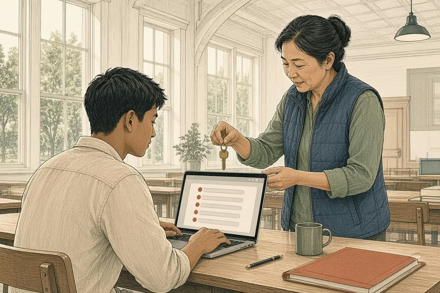 Editorial engraving of a schoolhouse-turned-nonprofit office where a volunteer reviews connected apps on a laptop while the director removes one key from a key ring.