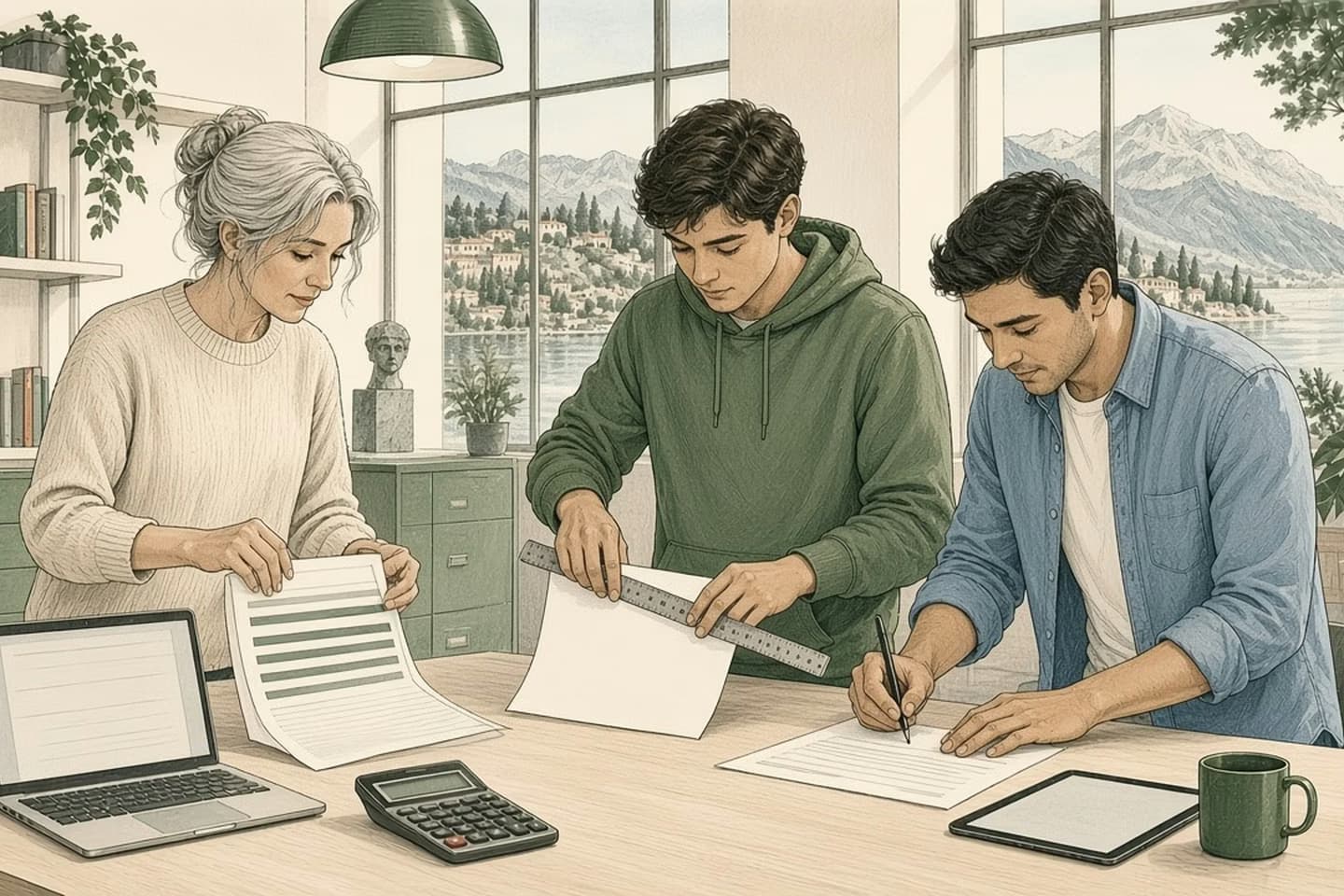 In a bright records office with tall windows, pale green filing cabinets and potted plants, three colleagues stand at a long wooden table comparing old and new output: a silver-haired woman holds up an old green-striped printout, a young man in a green hoodie lines up a fresh printout with a steel ruler, and a man in a light-blue shirt ticks matching rows with a pen, beside a laptop, a calculator, a tablet and a green mug.