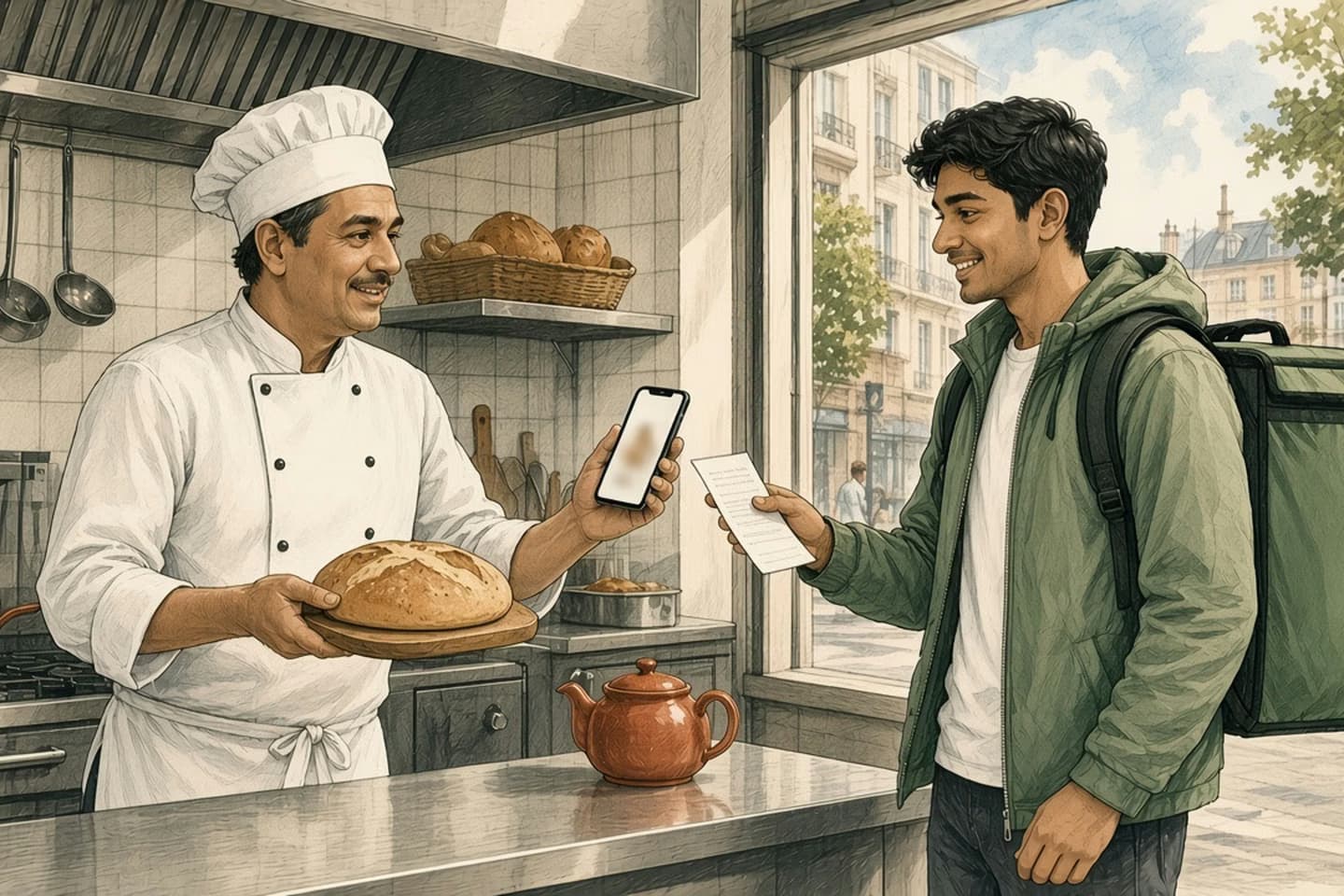 Editorial engraving of a takeaway kitchen where the chef holds a real soda bread loaf beside a picture on his phone while a courier waits at the hatch.