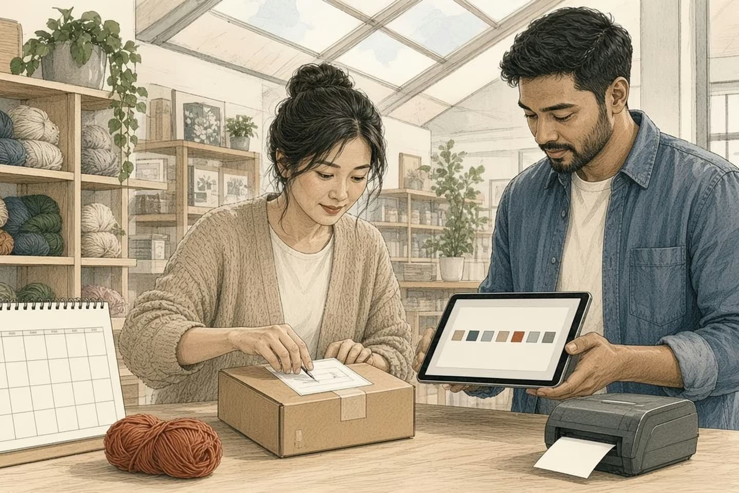 Editorial engraving of a skylit yarn shop back room where a seller sticks a return label on a parcel while a helper tracks a week of days on a tablet.