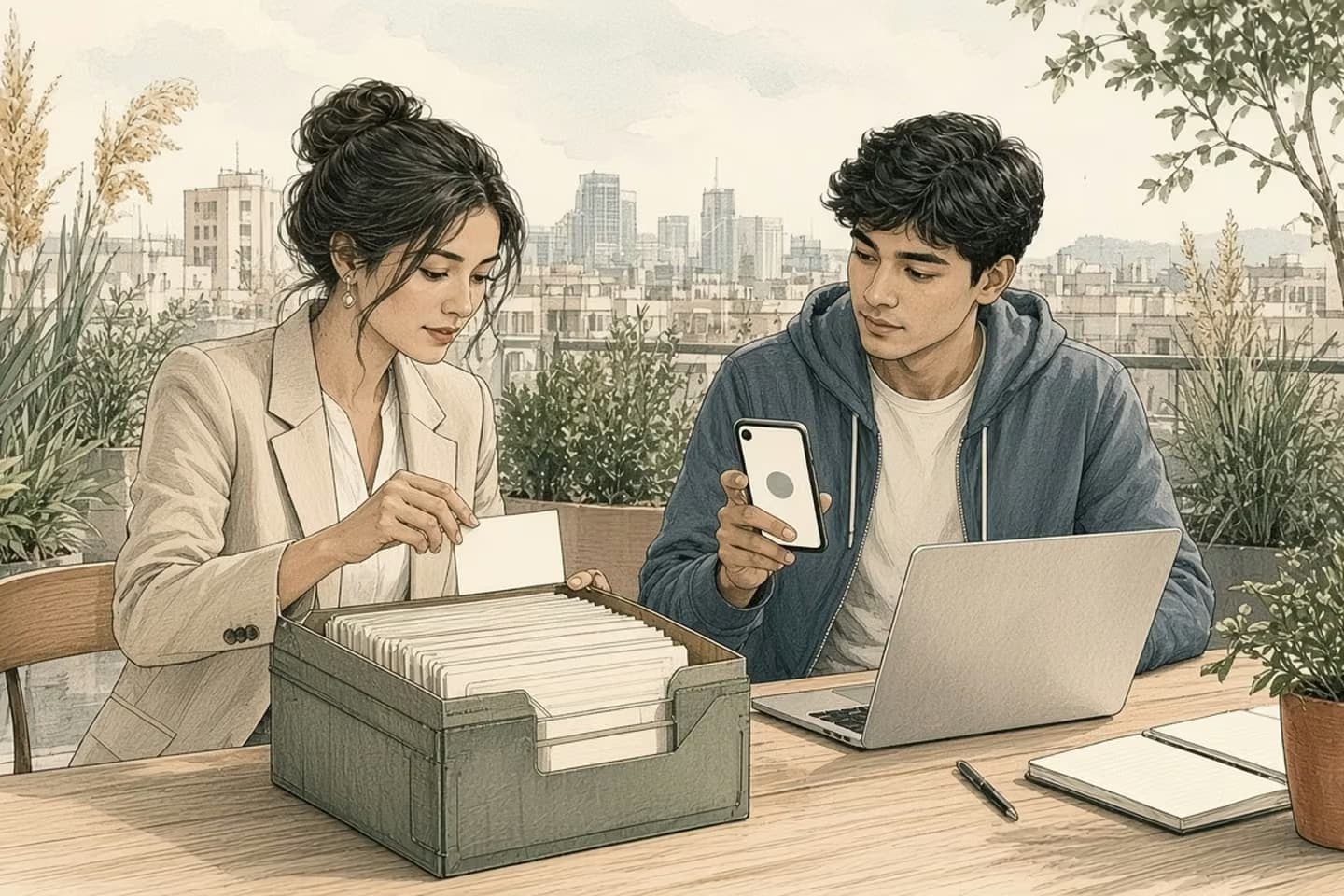 Editorial engraving of a sunny rooftop terrace where a product lead lifts one card from an overflowing card box as a developer holds up a phone.