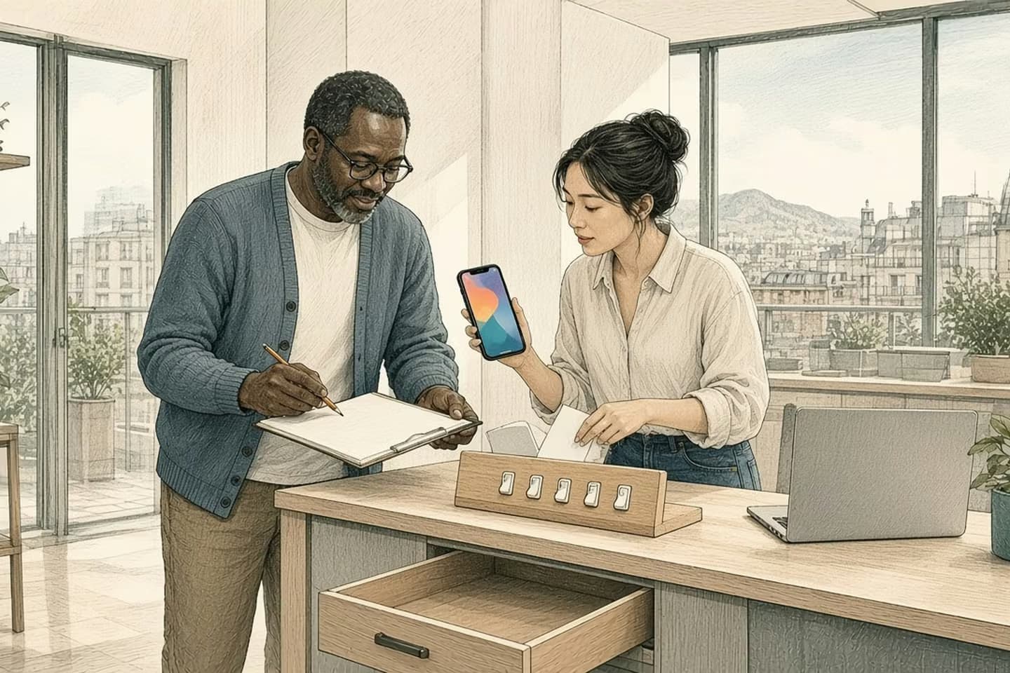 Editorial engraving of a sunlit app studio where a developer holds her phone out for a colleague to see while he ticks a paper checklist, and she sweeps loose index cards off a counter beside a panel of switches all set the same way.