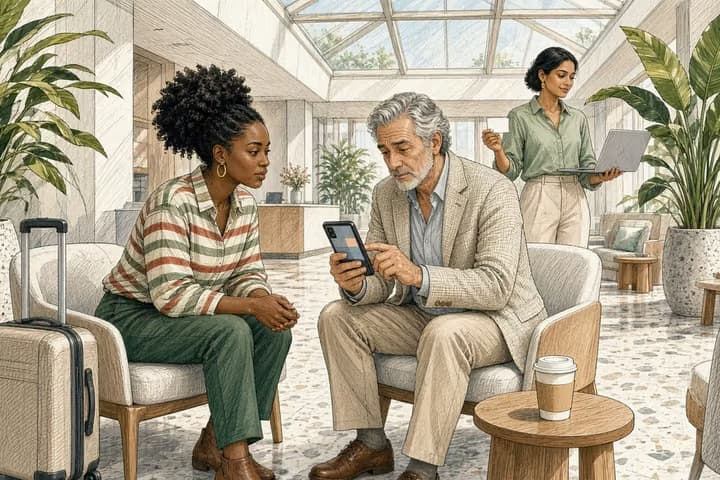 Editorial engraving of a skylit hotel lounge where an older man tries a phone app for the first time while the developer watches closely and a product lead behind them holds out a small card.