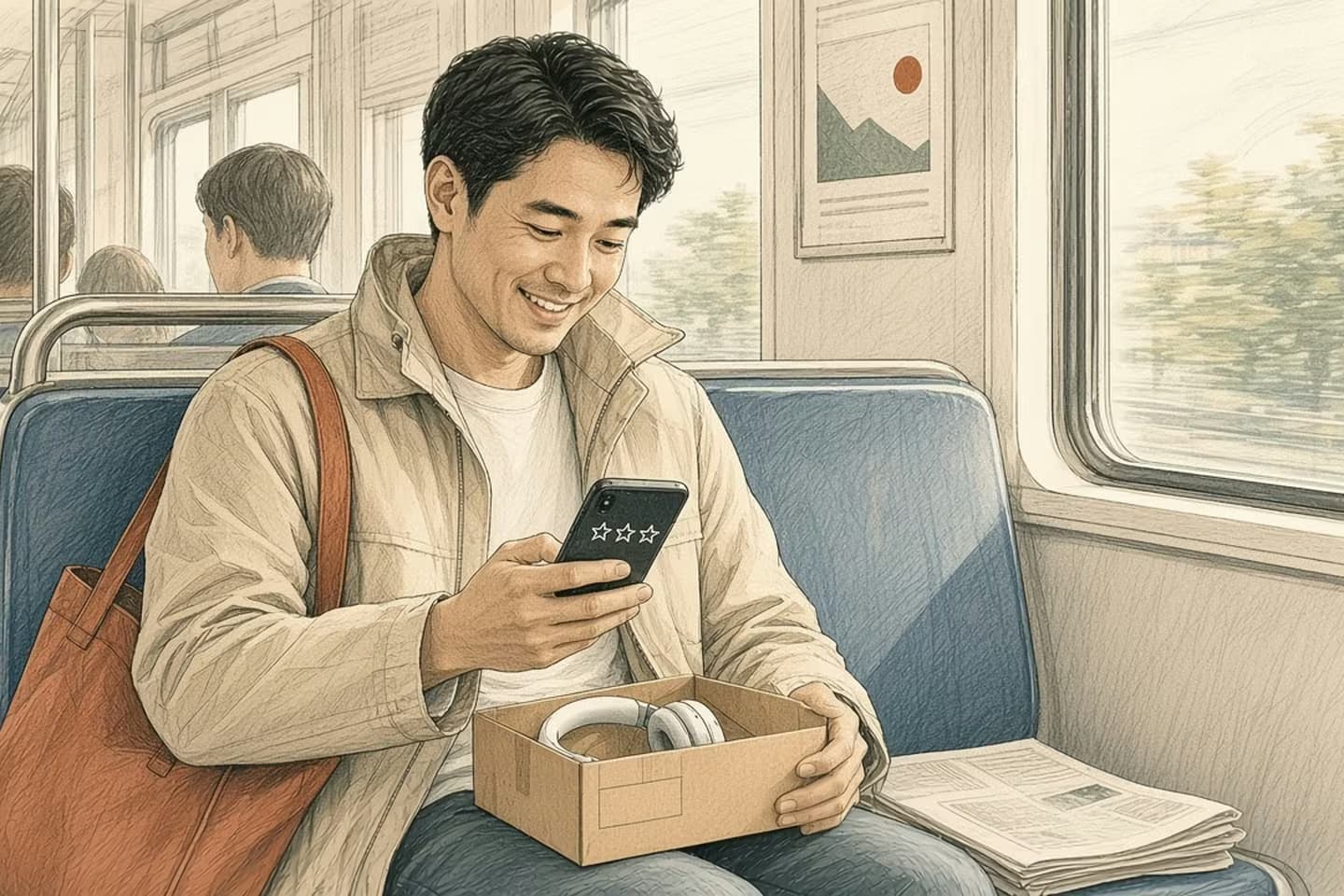 Editorial engraving of a commuter on a sunlit train smiling at his phone after unboxing a delivered parcel.