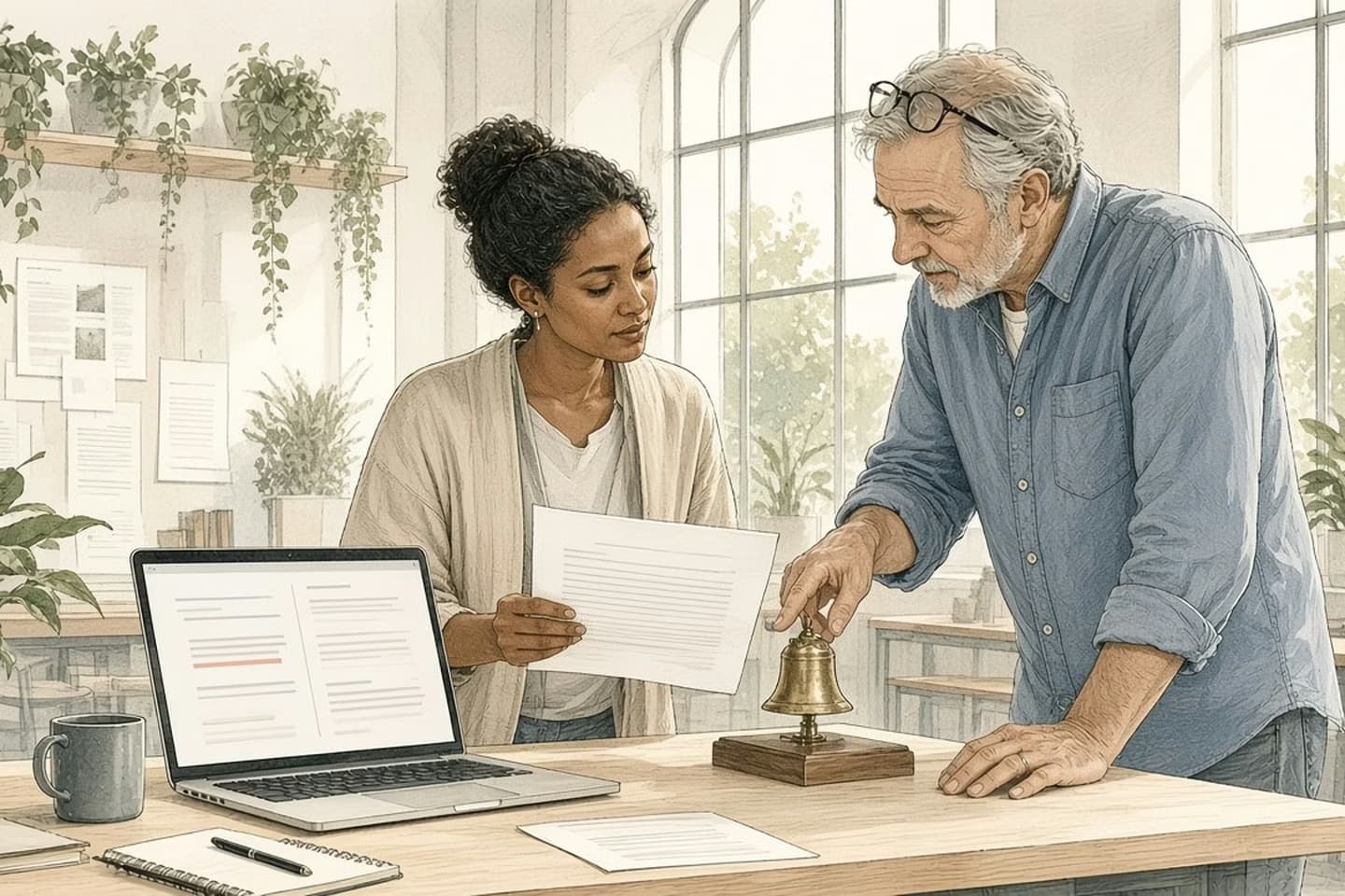Editorial engraving of a sunlit studio with arched windows where a developer holds a printed page beside her laptop while an older colleague with glasses on his head reaches for a brass desk bell set off its stand.