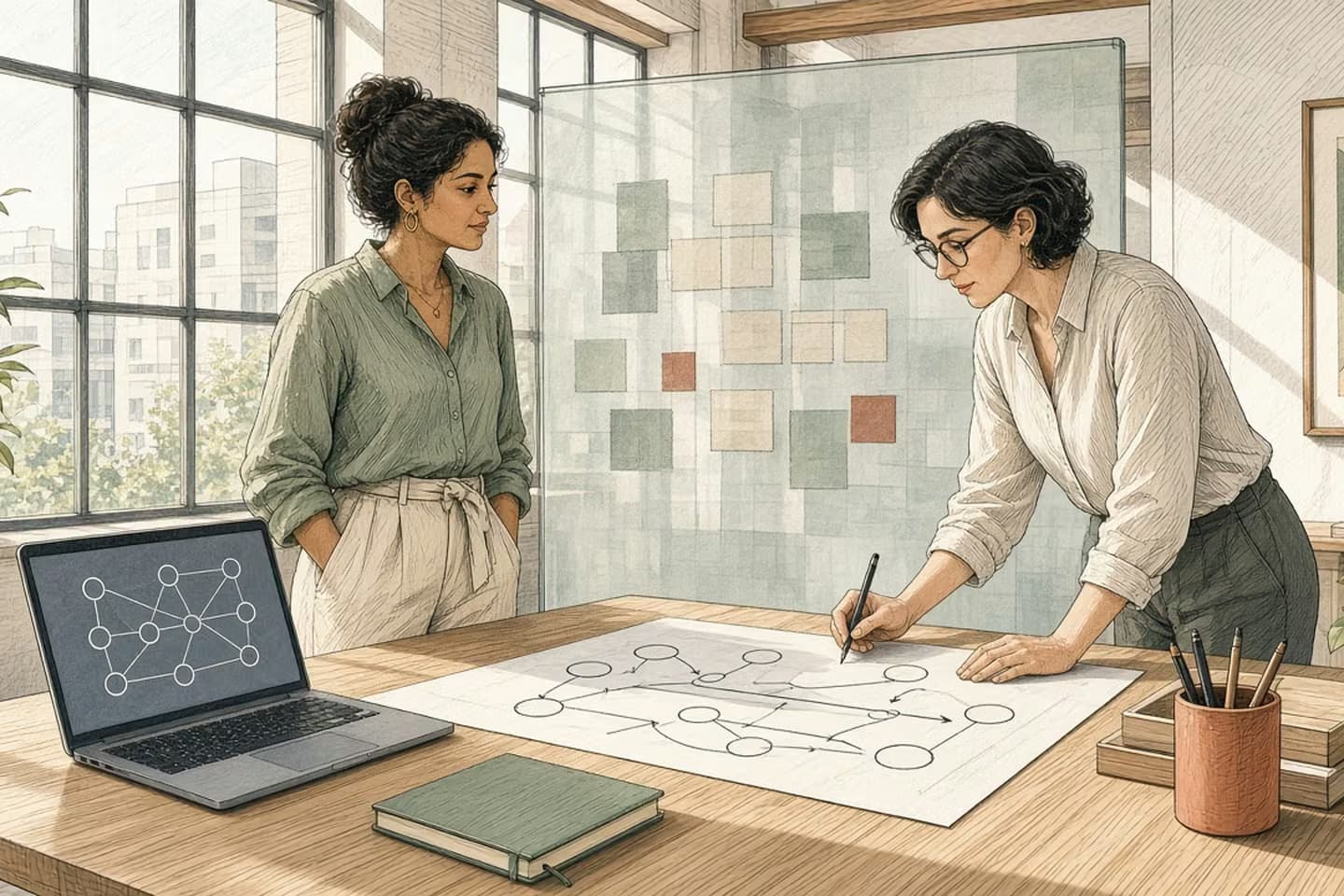 In a sunlit loft, a revenue lead looks on as a colleague sketches a pipeline of empty circles beside a glass panel of soft colored blocks and a laptop of linked nodes.
