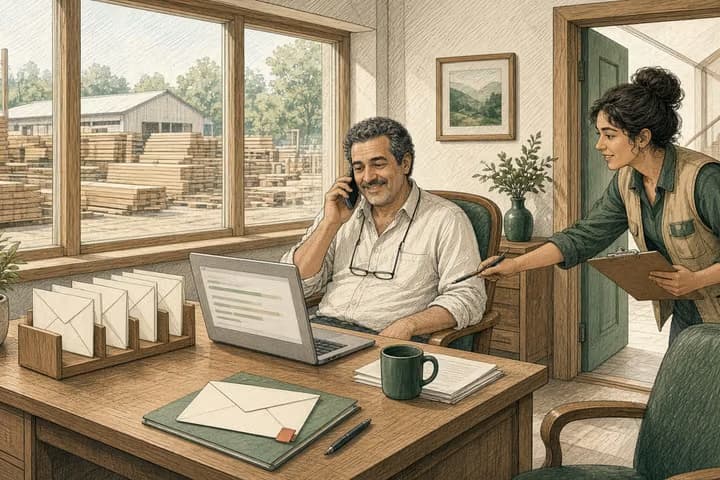 Editorial engraving of a bright office above a lumber yard, where a row of identical envelopes moves along a small mail rack while one is set aside, a bookkeeper smiles during a phone call at his laptop, and a colleague in a work vest points to the set-aside envelope.