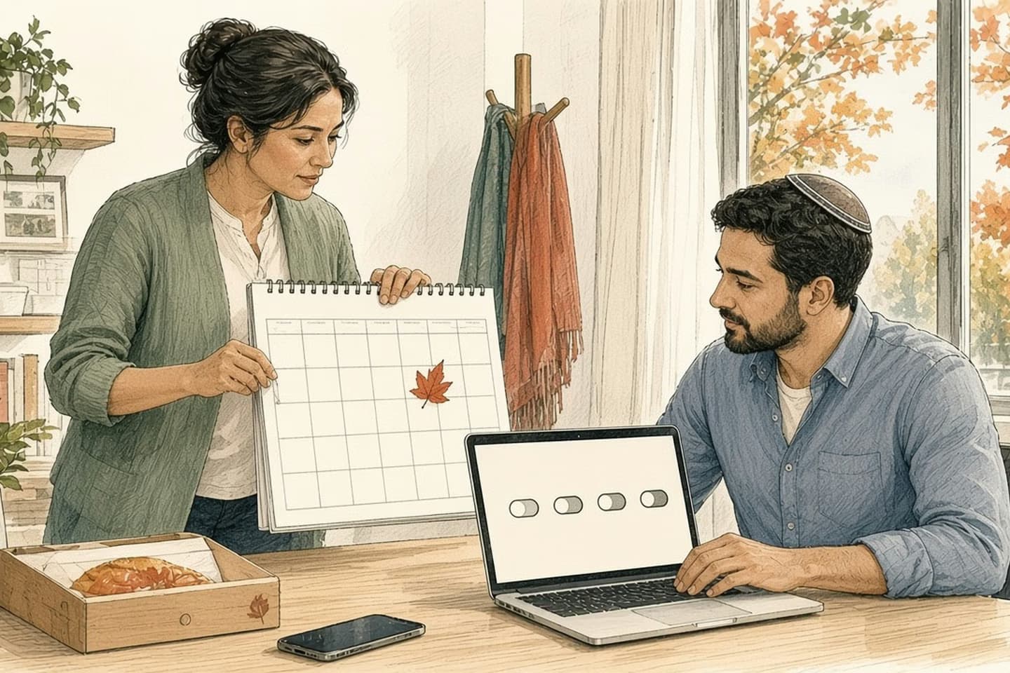Editorial engraving of an office front desk in autumn light where a manager holds up a wall calendar marked with a paper leaf and a colleague switches schedules off on a laptop.