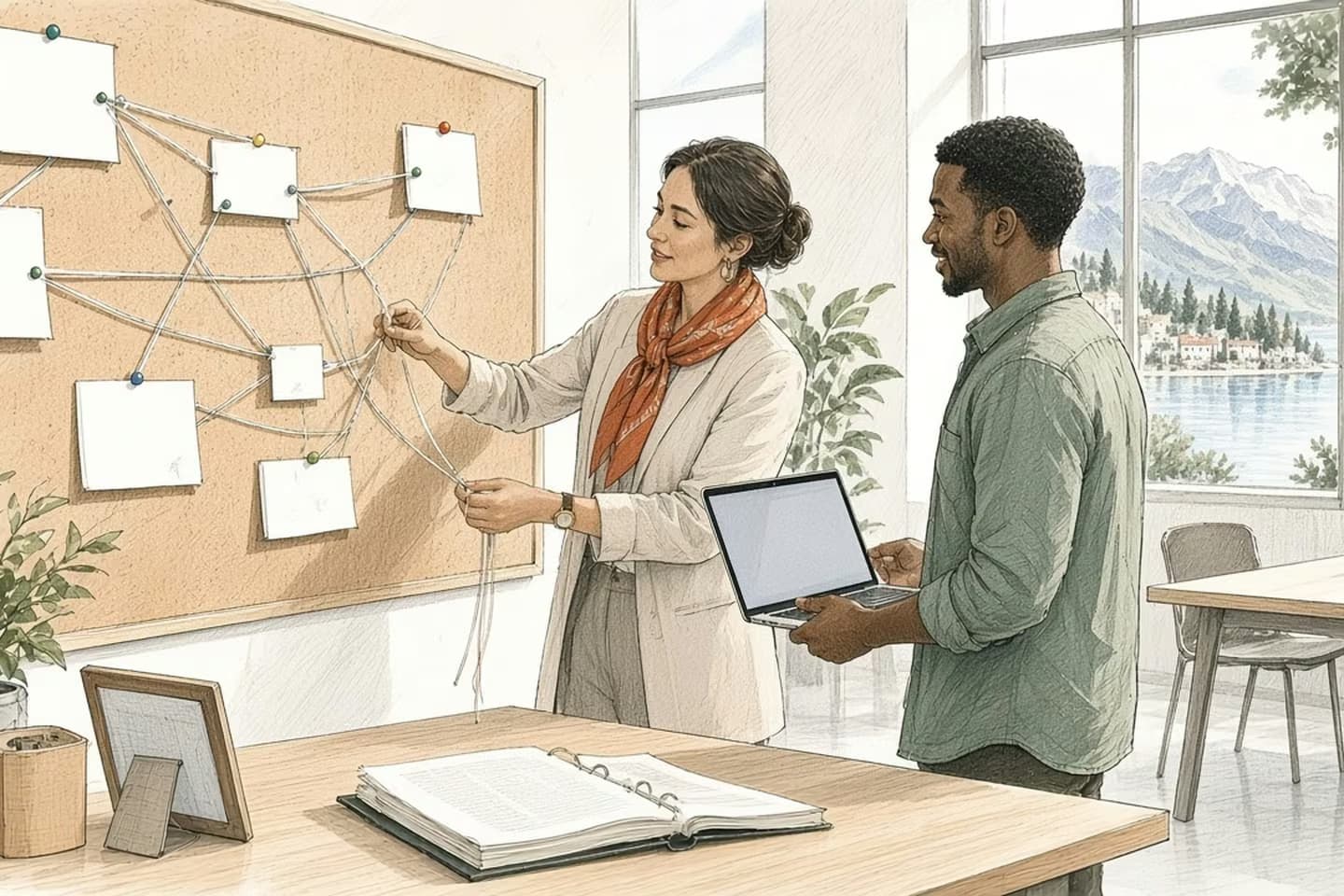 Editorial engraving of a bright office where a departing manager hands strands of string from a pinned web on a cork wall to a young colleague holding a laptop.