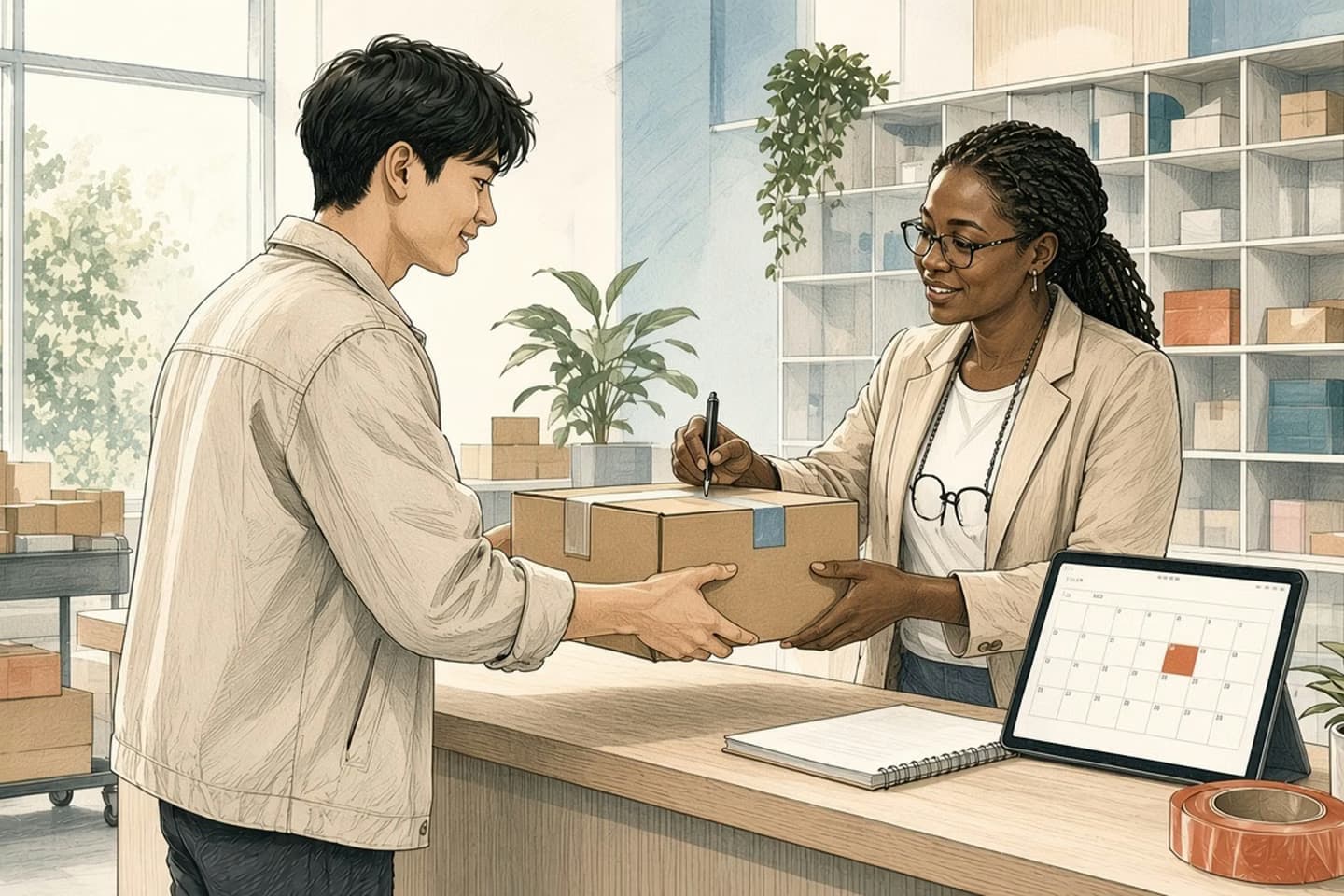 Editorial engraving of a sunny office mailroom where a receptionist signs for a parcel from a courier during business hours.