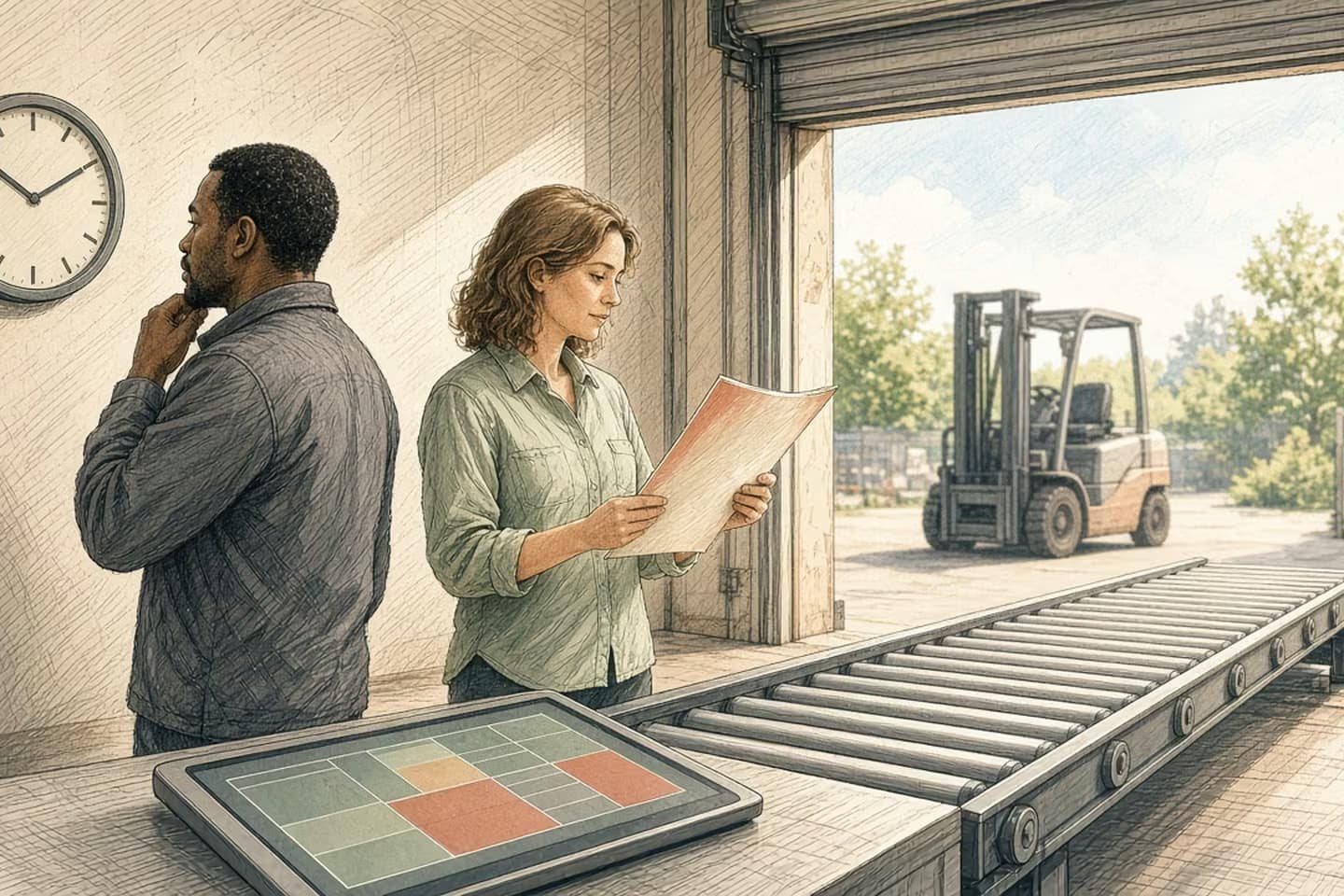 At a sunlit shipping dock, a lead glances at the wall clock while a coordinator reads a printout with a terracotta corner beside an idle conveyor.