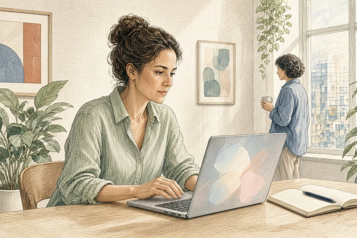 In a bright daylight office, a woman pauses at a laptop whose screen shows soft abstract panes, with an open notebook and pen beside it, while a colleague stands by a window with a coffee.