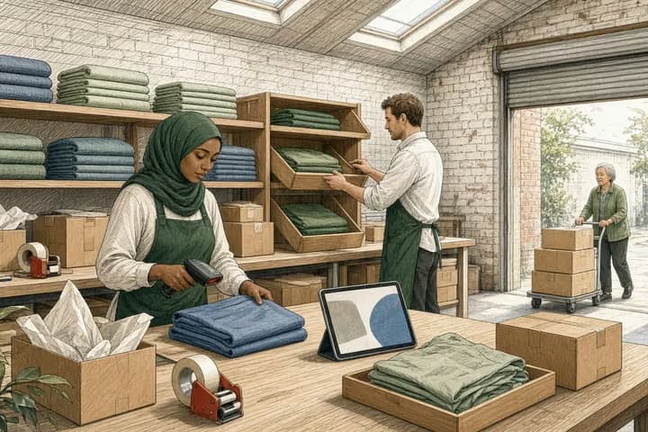Editorial engraving of a skylit packing room where a packer scans a blue shirt against a tablet while a sage shirt sits set aside, a supervisor places a divider between shelf bins and a colleague wheels boxes to the door.