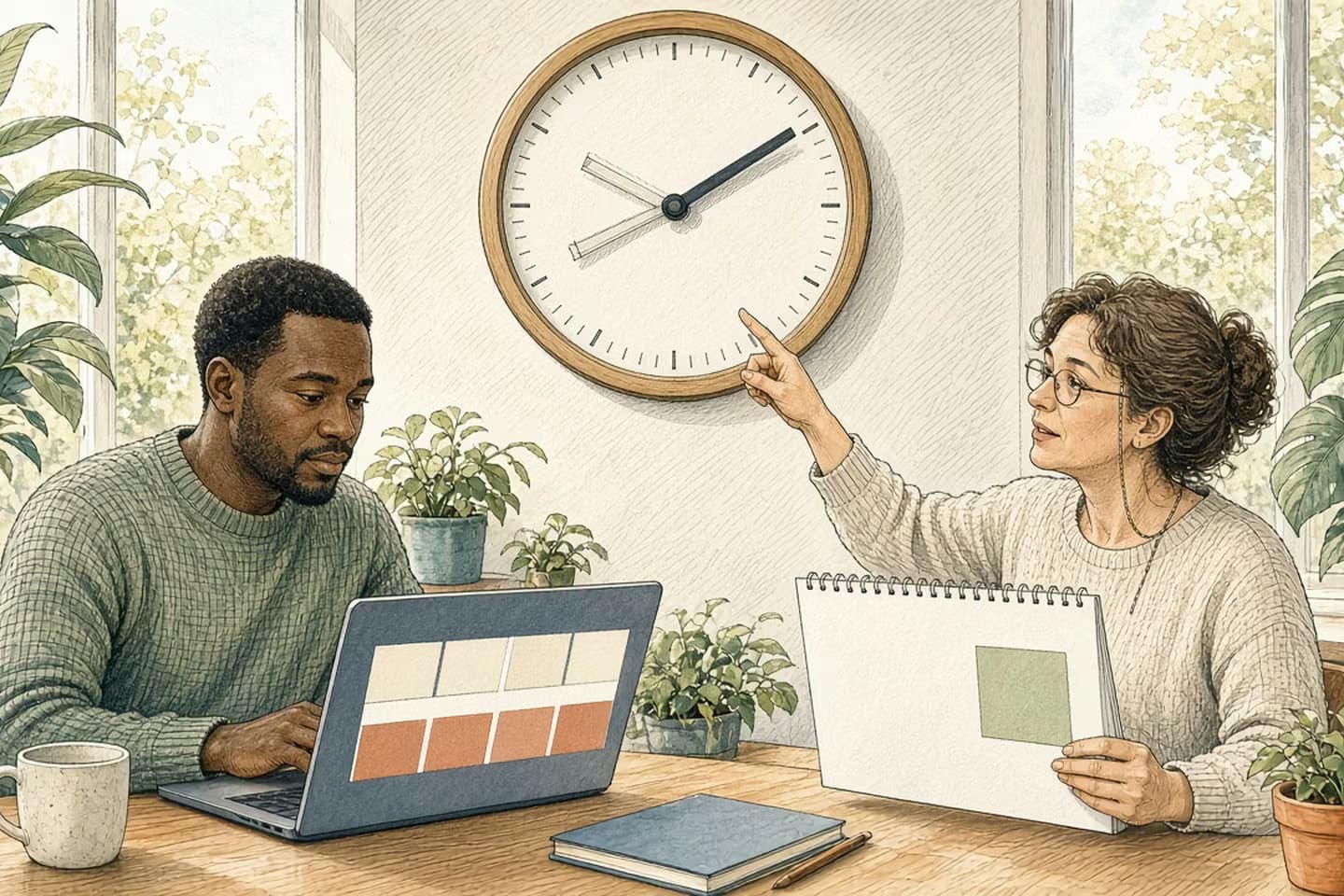 Editorial engraving of a bright clinic operations room where an engineer studies two identical rows on a laptop beneath a wall clock drawn with doubled hands, as a coordinator points up.