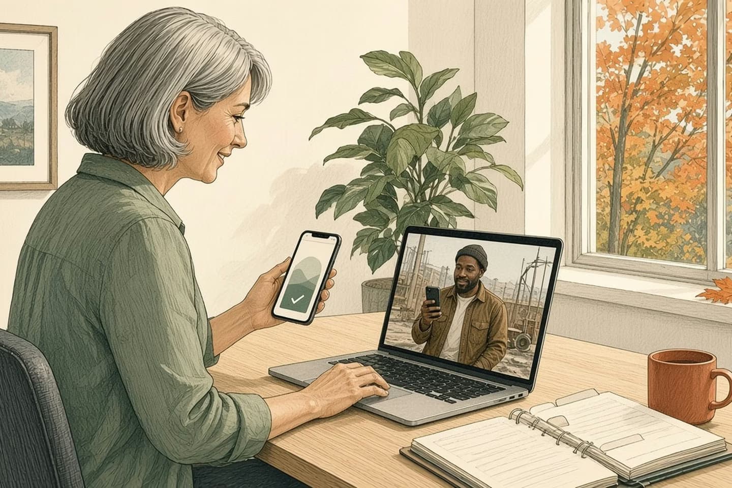 Editorial engraving of a sunny autumn office where a bookkeeper sends a request on her laptop as a contractor on a video tile holds up a completed form on his phone.