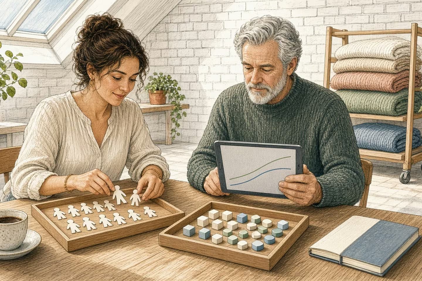 Editorial engraving of a skylit boutique back office where a manager sorts paper figures and geometric tokens into two trays while an analyst watches two diverging lines on a tablet.