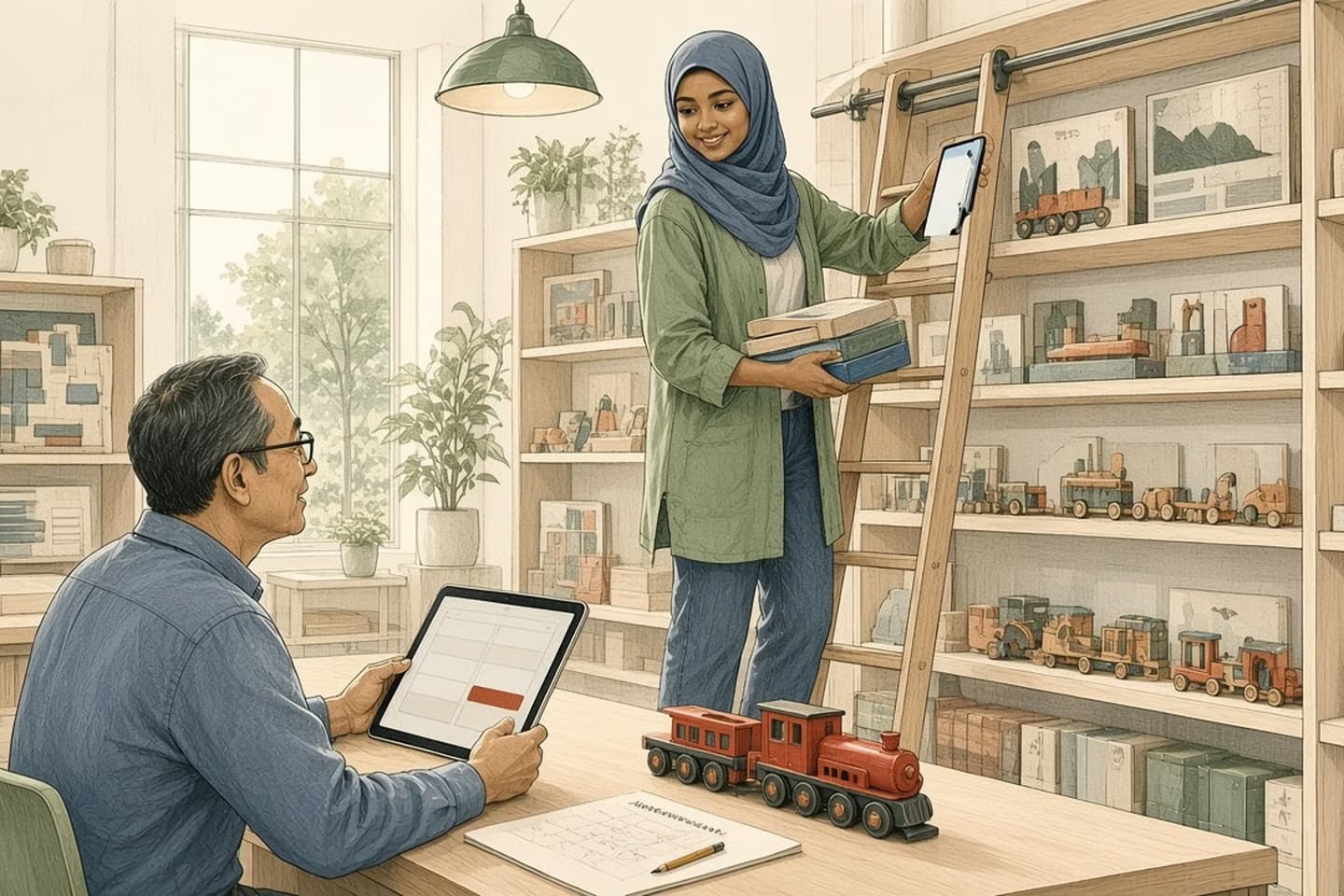 Editorial engraving of a bright toy shop where an assistant scans boxes from a rolling ladder while the manager reviews differences on a tablet at the counter.