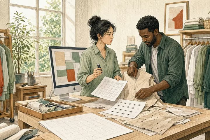 Editorial engraving of a sunlit apparel studio where an operations manager holds a USB stick and blank spreadsheet template beside a pattern maker reviewing a dry-run printout.