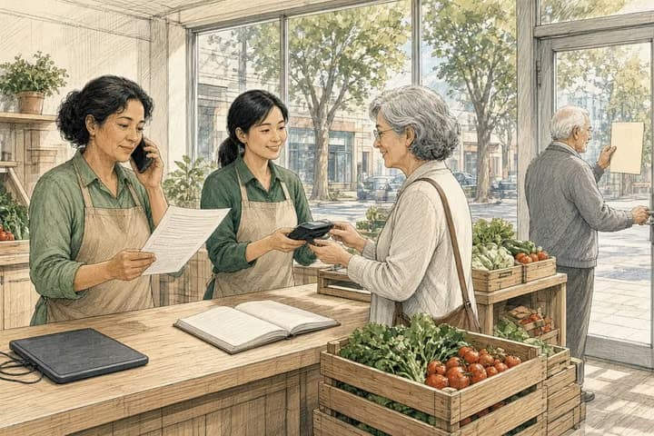In a sunlit neighborhood grocery, a manager in an apron talks on her phone while holding a printed checklist, a cashier takes a customer's payment on a small handheld card reader beside a switched-off tablet with its cable unplugged and an open paper ledger, and an older man tapes a blank note card to the glass front door.