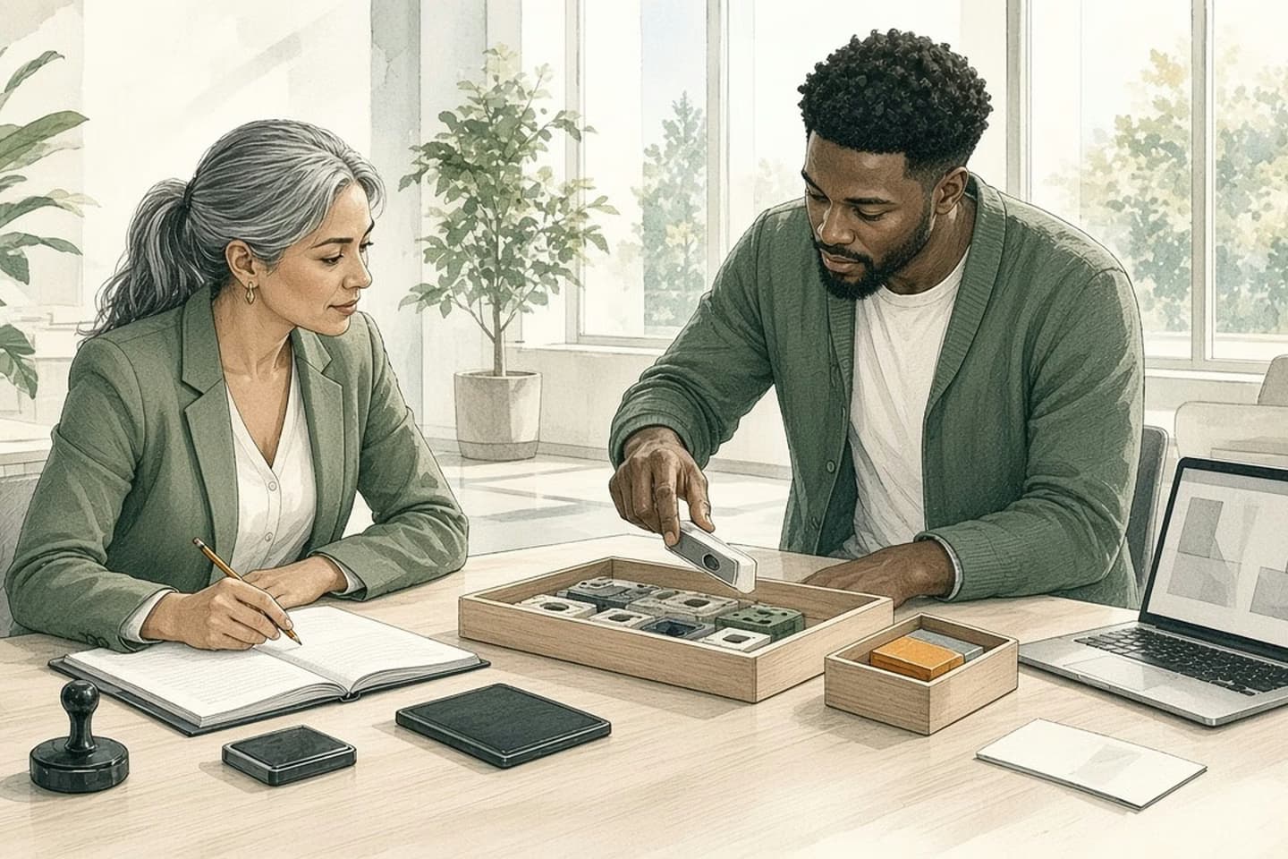 In a bright civic meeting room, a young engineer lifts one block out of a wooden tray of interchangeable modular parts while a replacement block waits in a small box beside it. Across the table a procurement officer takes notes in an open binder next to a rubber stamp and ink pad, with a laptop, a phone and a coffee cup on the table.