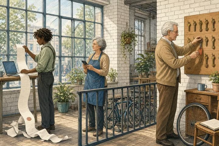In a sunny office above a bike shop, a young developer reads back through a long paper roll that spills from his desk to the floor with one spot circled, the owner in a denim apron types on her phone, and an older man hangs a new key on a wooden key board while holding an old key with a red tag.
