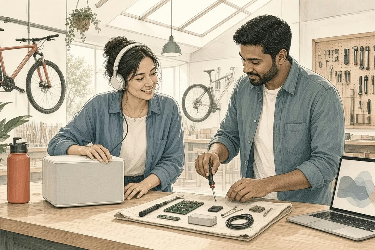 Editorial engraving of a skylit bike shop workroom where a smiling woman in headphones rests a hand on a sealed speaker box while a technician with a screwdriver lays out separate parts on a canvas cloth beside it.