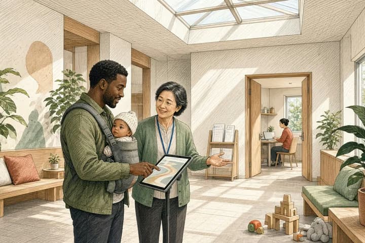 Editorial engraving of a skylit community center lobby where a young father with a baby in a carrier uses a tablet on a stand while a caseworker gestures warmly toward an open doorway to a staffed desk with paper forms.