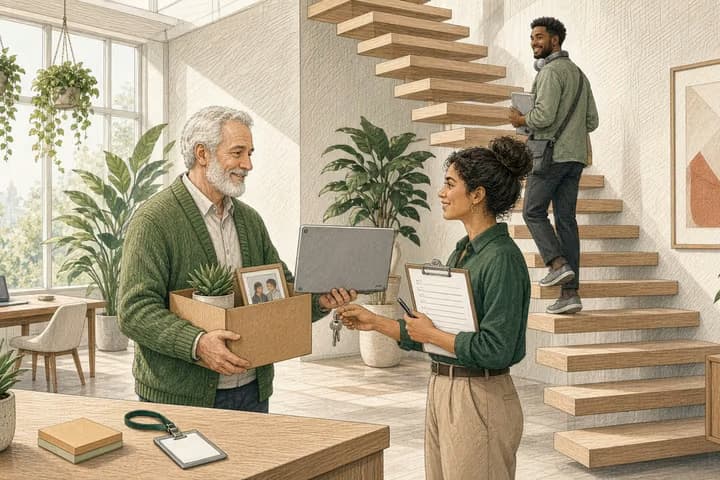 Editorial engraving of a bright office reception where a retiring man holding a box with a plant hands a laptop and keys to an operations manager with a clipboard, while an IT technician on the staircase carries devices and nods.