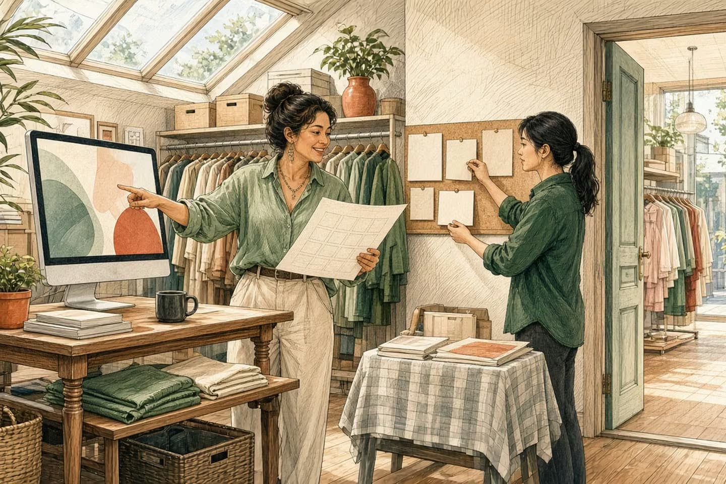 Editorial engraving of a skylit stockroom where a merchandiser gestures at abstract monitor blocks while an associate pins a blank swatch card.