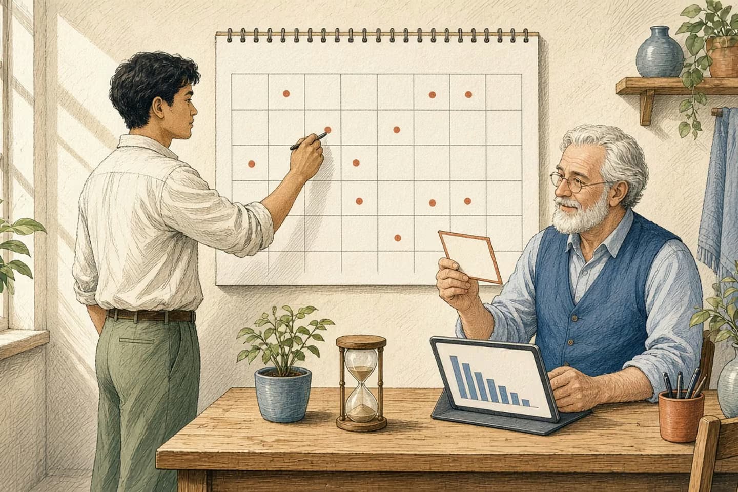 Editorial engraving of a skylit warehouse where a lead scans an inbound carton while a colleague places colored dots on a paper wall calendar.