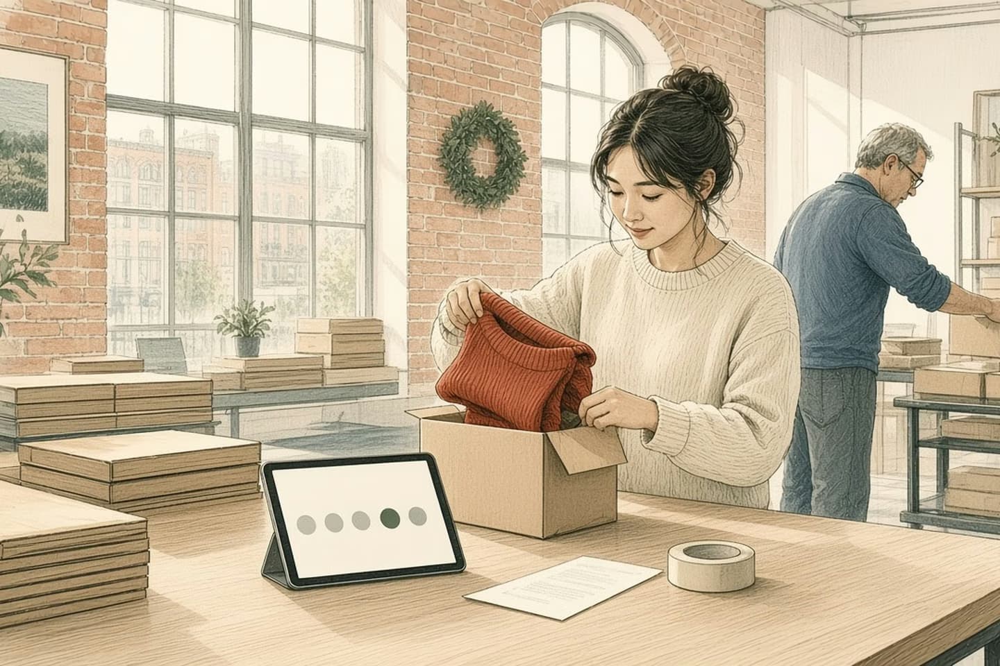 Editorial engraving of a sunny loft returns room where a clerk lifts a sweater from an opened parcel beside a tablet showing a five-step path with the fourth step filling in.