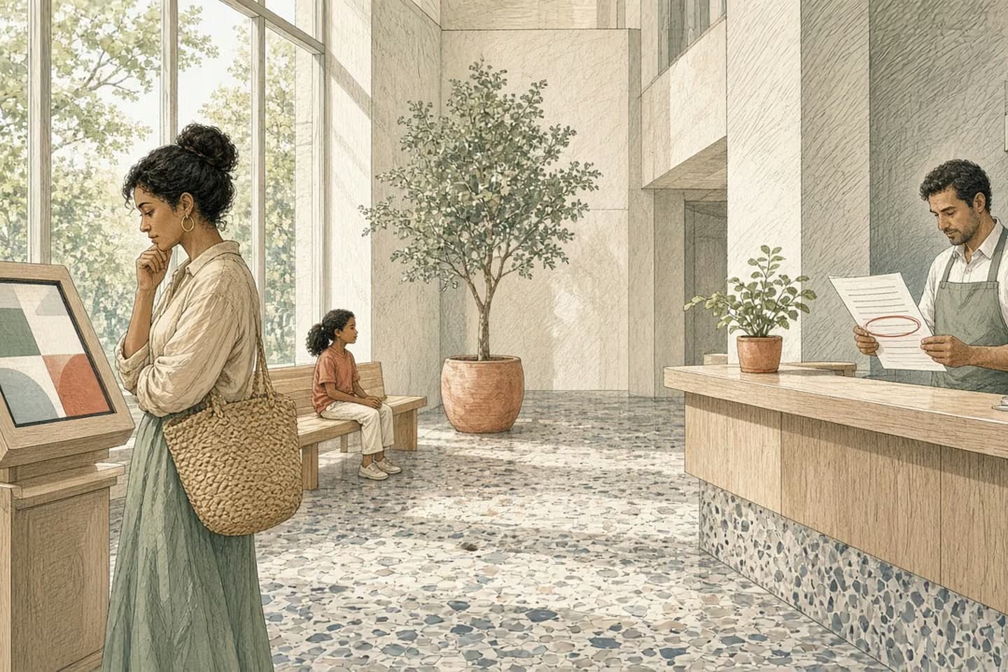 In a sunlit public lobby, a resident pauses at a kiosk while a clerk at the counter studies a paper form with one line circled.