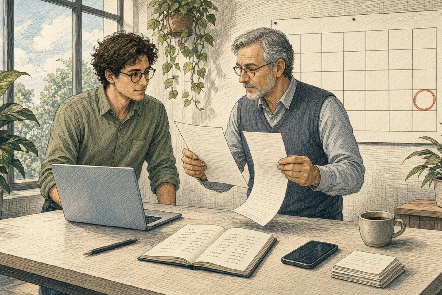Two colleagues in a sunlit office compare two printed receipts, one twice as long as the other, beside a laptop, with a wall calendar circling a date near the end of the month.