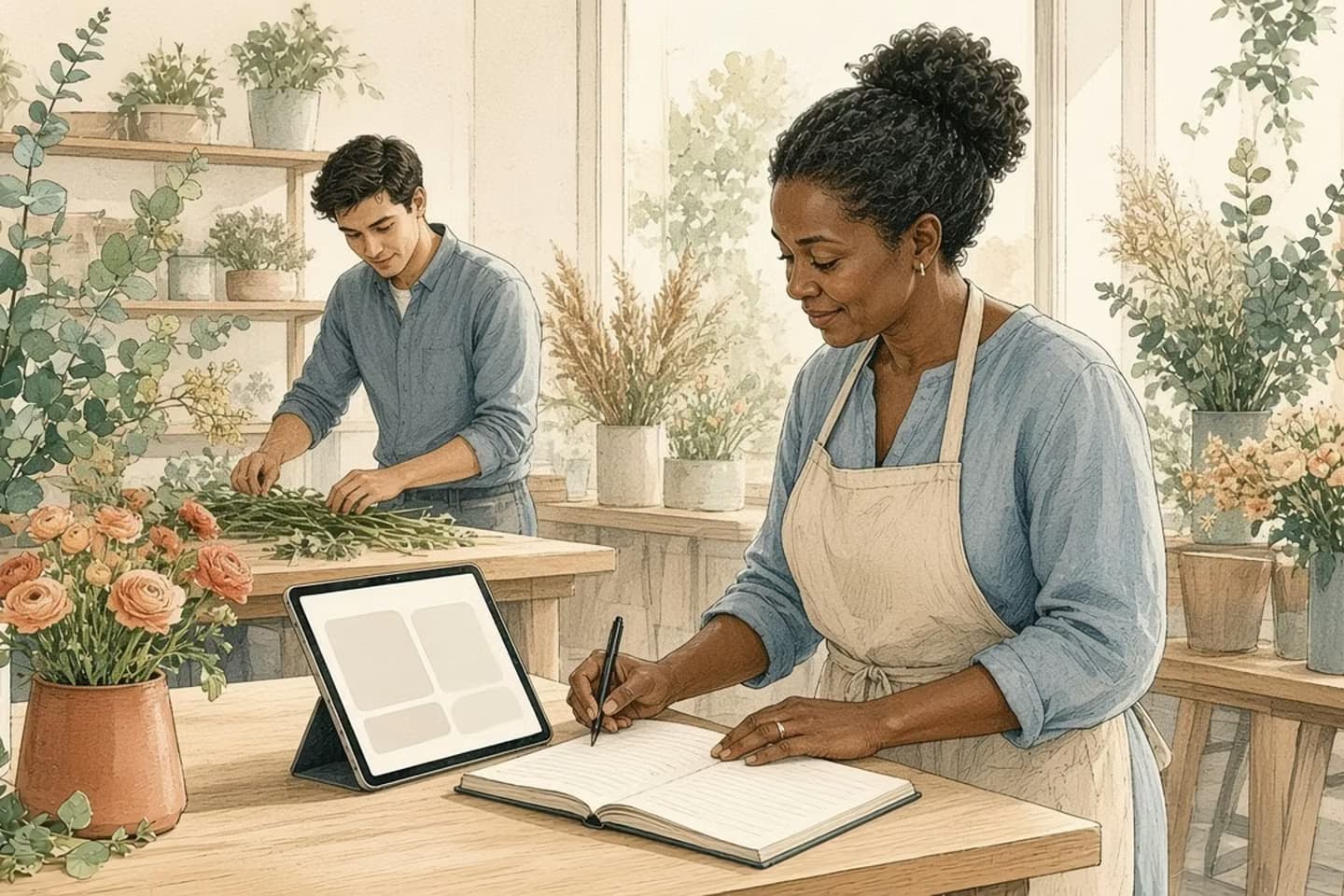 Editorial engraving of a sunlit flower shop where the owner writes in an open notebook beside a tablet on a stand while a young assistant bundles eucalyptus at the table behind her.