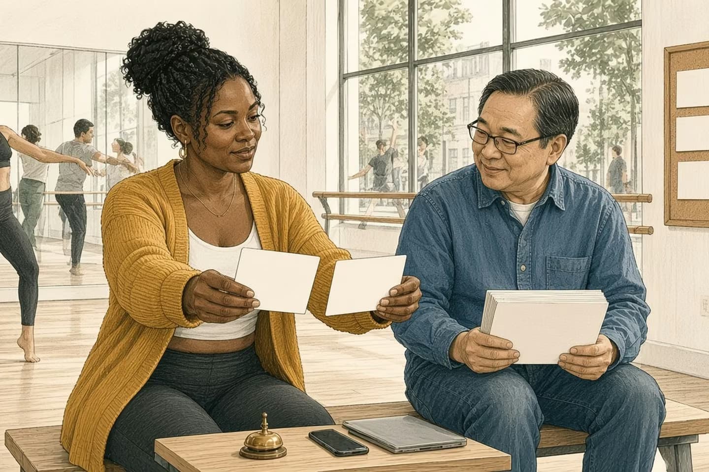 Editorial engraving of a sunlit dance studio where a studio owner holds out two index cards while a developer beside her keeps a larger stack back, with a small brass desk bell, a phone and a closed laptop on the bench in front of them.