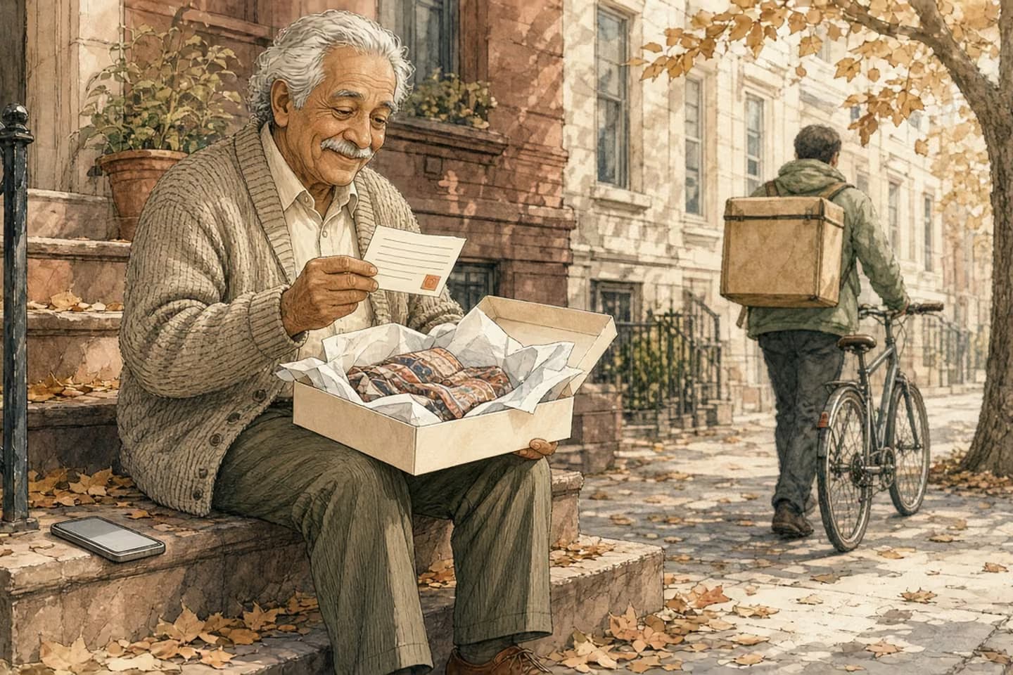 Editorial engraving of a sunny brownstone stoop where an older man opens a gift box and finds a slip of paper that shouldn't have been inside.
