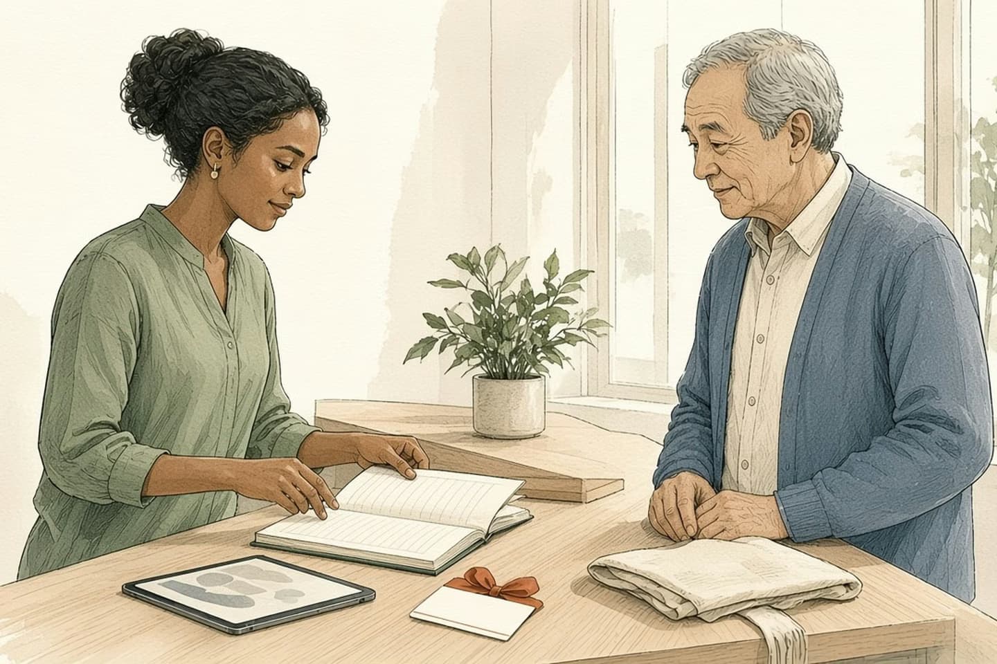 Editorial engraving of a sunny returns desk where an associate checks a blank ledger and tablet while a customer returns part of a purchase beside a blank gift code card.