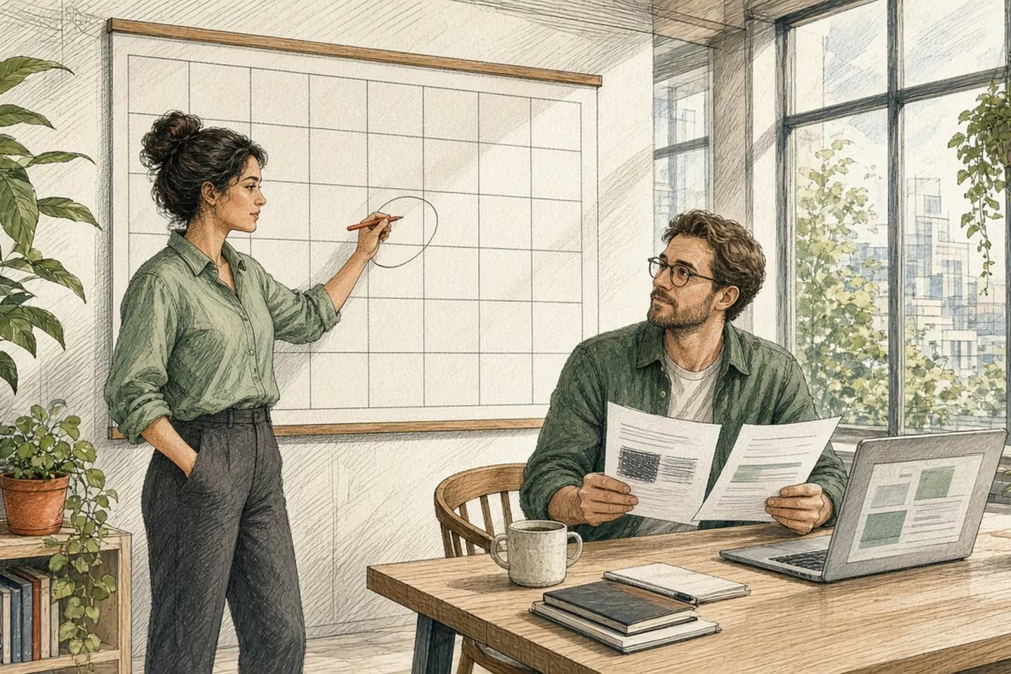 In a bright engineering loft with tall windows, a woman circles January 14 on a wall calendar while a colleague compares two paper printouts at a laptop where one model name is crossed out in pencil and a new name is written beside it.