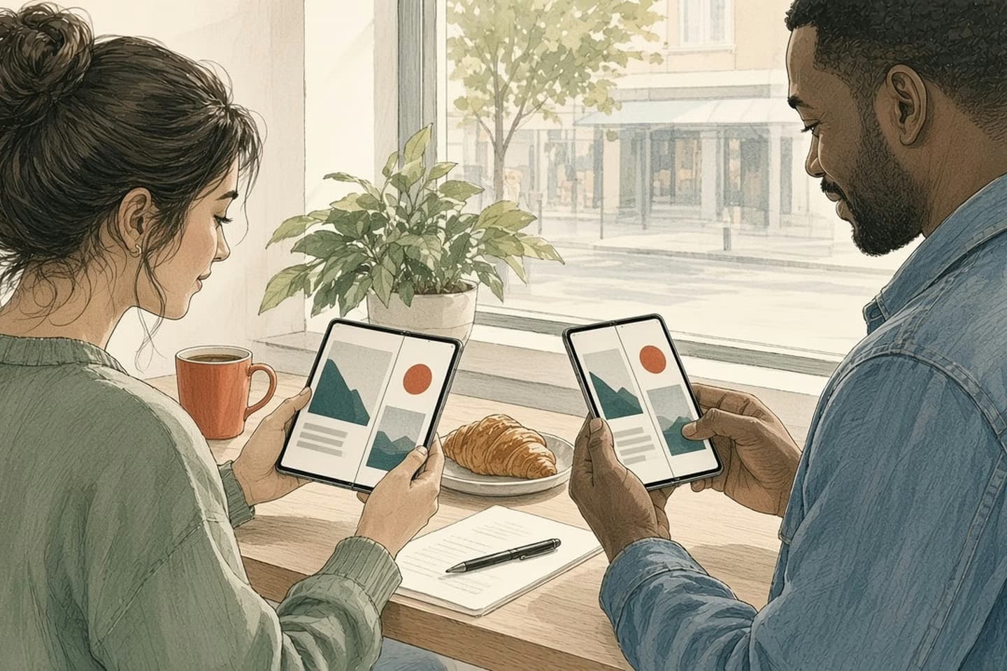 Editorial engraving of a café window counter where a designer and a product manager compare the same app on a folding phone and a regular phone.