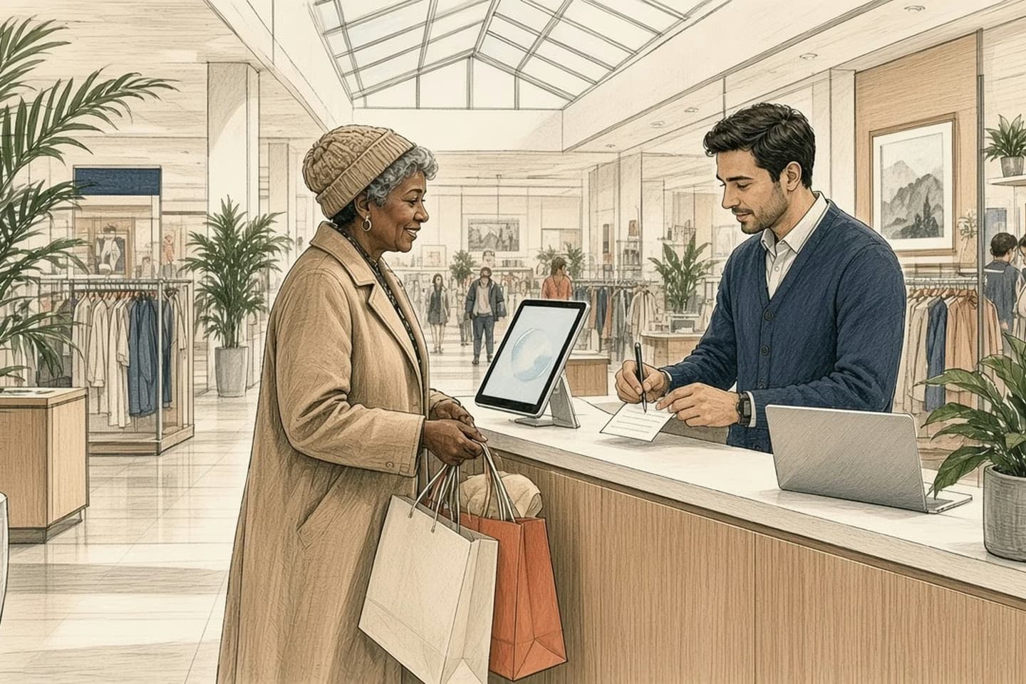 Editorial engraving of a skylit store service counter where a clerk helps an older woman with a return while a self-service tablet kiosk stands idle beside them.
