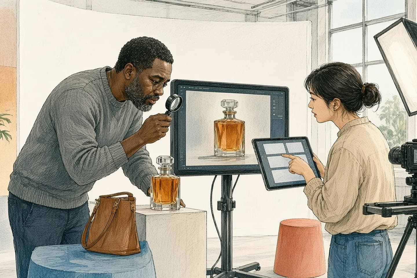 Editorial engraving of a white product studio where a creative director checks a real perfume bottle with a loupe against a monitor while a producer holds a tablet of video frames.