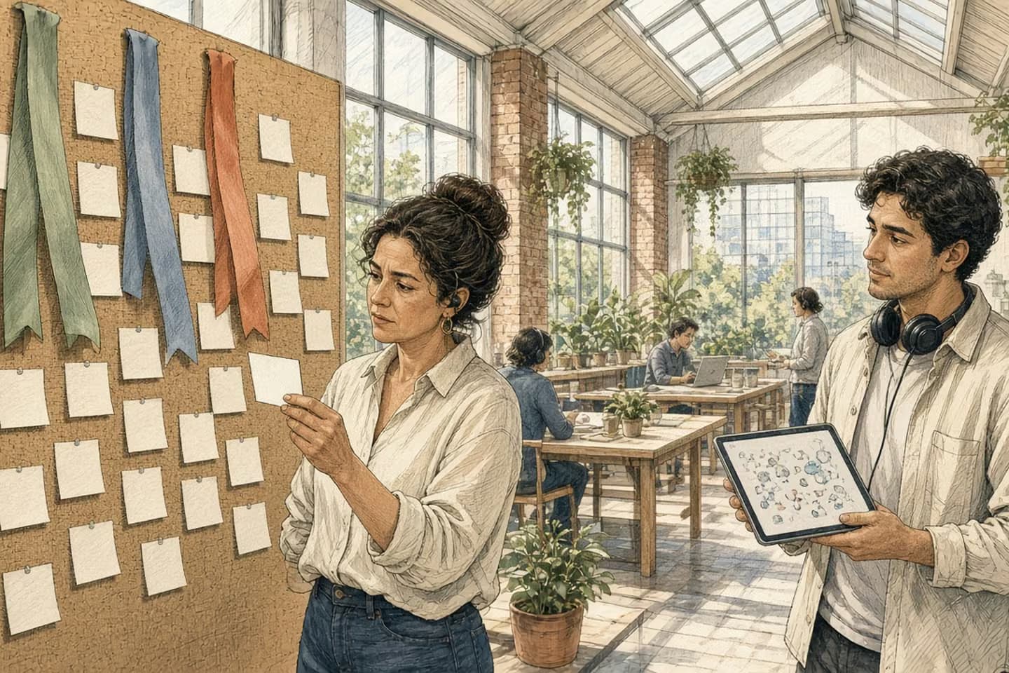 Editorial engraving of a skylit support office where a quality lead pins blank slips into colored rows on a cork wall while an agent scrolls a tablet stream of small dotted bubbles.